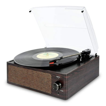 Bluetooth Record Player Belt-Driven 3-Speed Turntable, Vintage Vinyl Record Players Built-in Stereo Speakers, with Headphone Jack/ Aux Input/ RCA Line Out, Brown