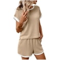 thumbnail image 2 of Workout Outfits for Women Women's Casual Knit Shorts Set Solid Color Round-Neck Short Sleeve Blouse Short Pants Outfits Loungewear Suit Khaki S, 2 of 7