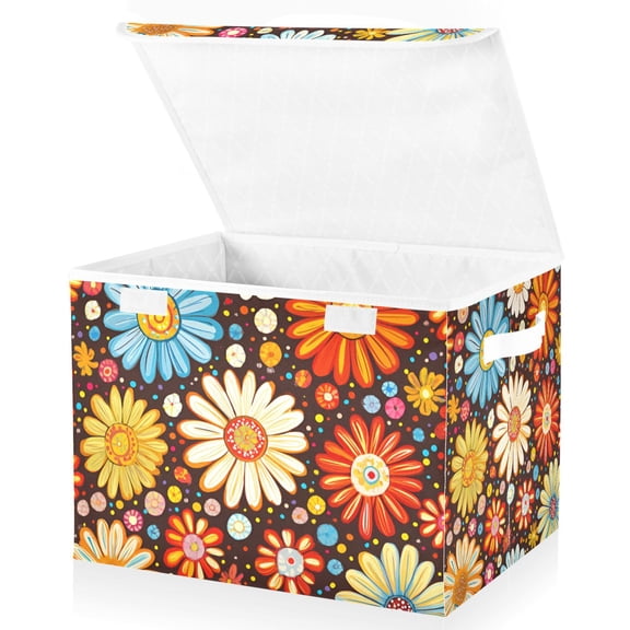 Yayeee Collapsible Cube Storage Bin with Lid Fabric Closet Decorative Basket with Handles, Blooming Flowers