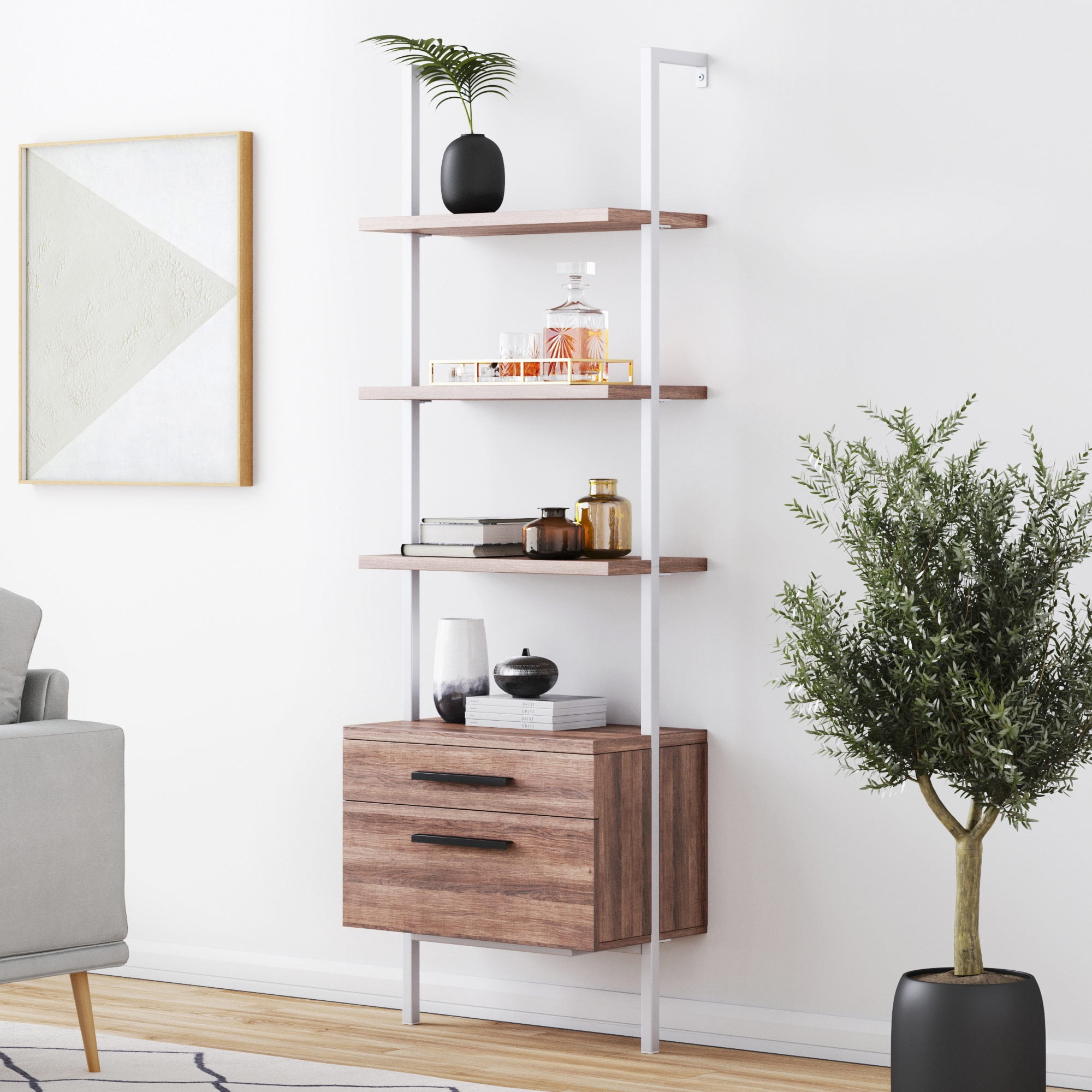 Nathan James Theo Open Shelf Bookcase with Drawers in Rustic Oak Wood and White Steel Frame