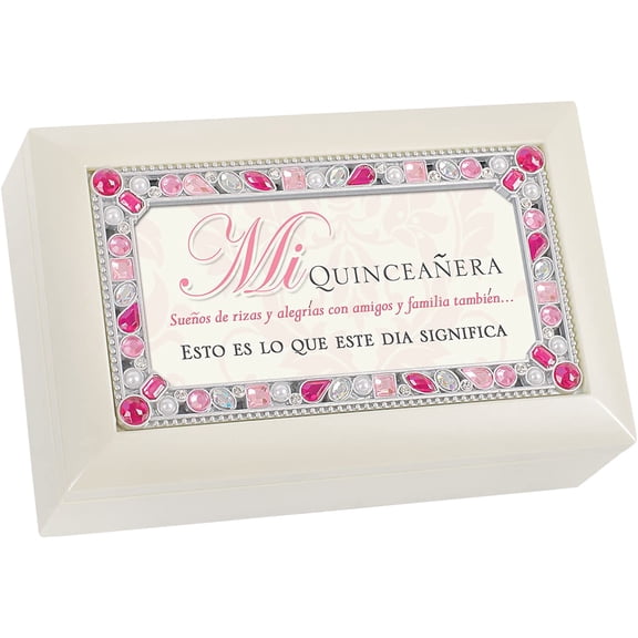 Mi Quinceanera Jeweled Ivory Jewelry Music Box - Plays Tune Amazing Grace