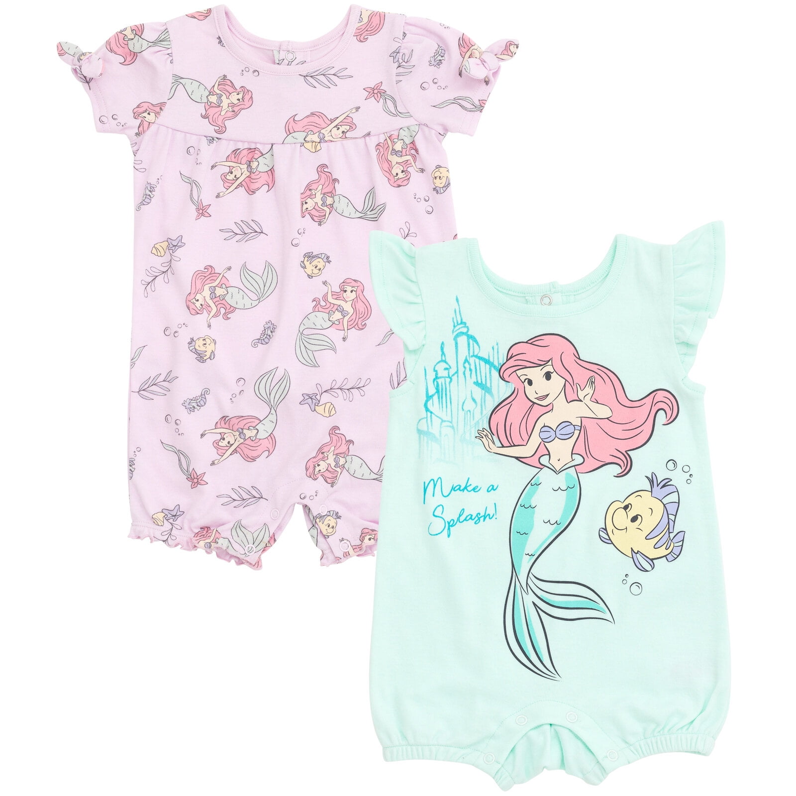 Disney The Little Mermaid Baby Girls' 2-Pack Short Sleeve and Sleeveless Bubble Romper Set Mint and Pink Ariel and Flounder