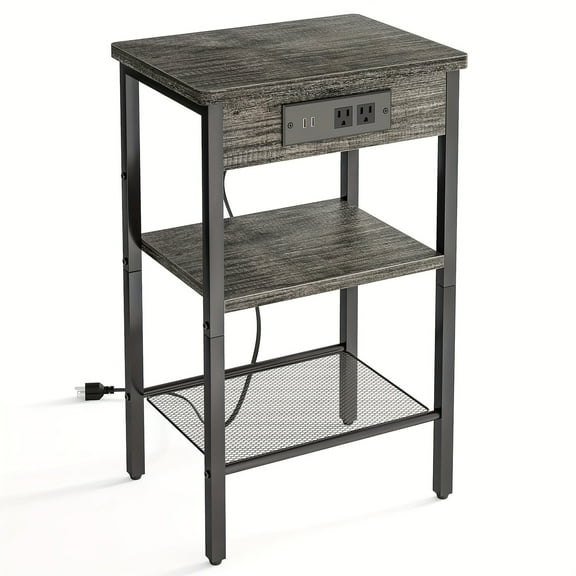 3-Tier Narrow End Table with Storage - Spacious Charging Station and Shelving for Living Room and Bedroom - Sleek Grey and Black Modern Design