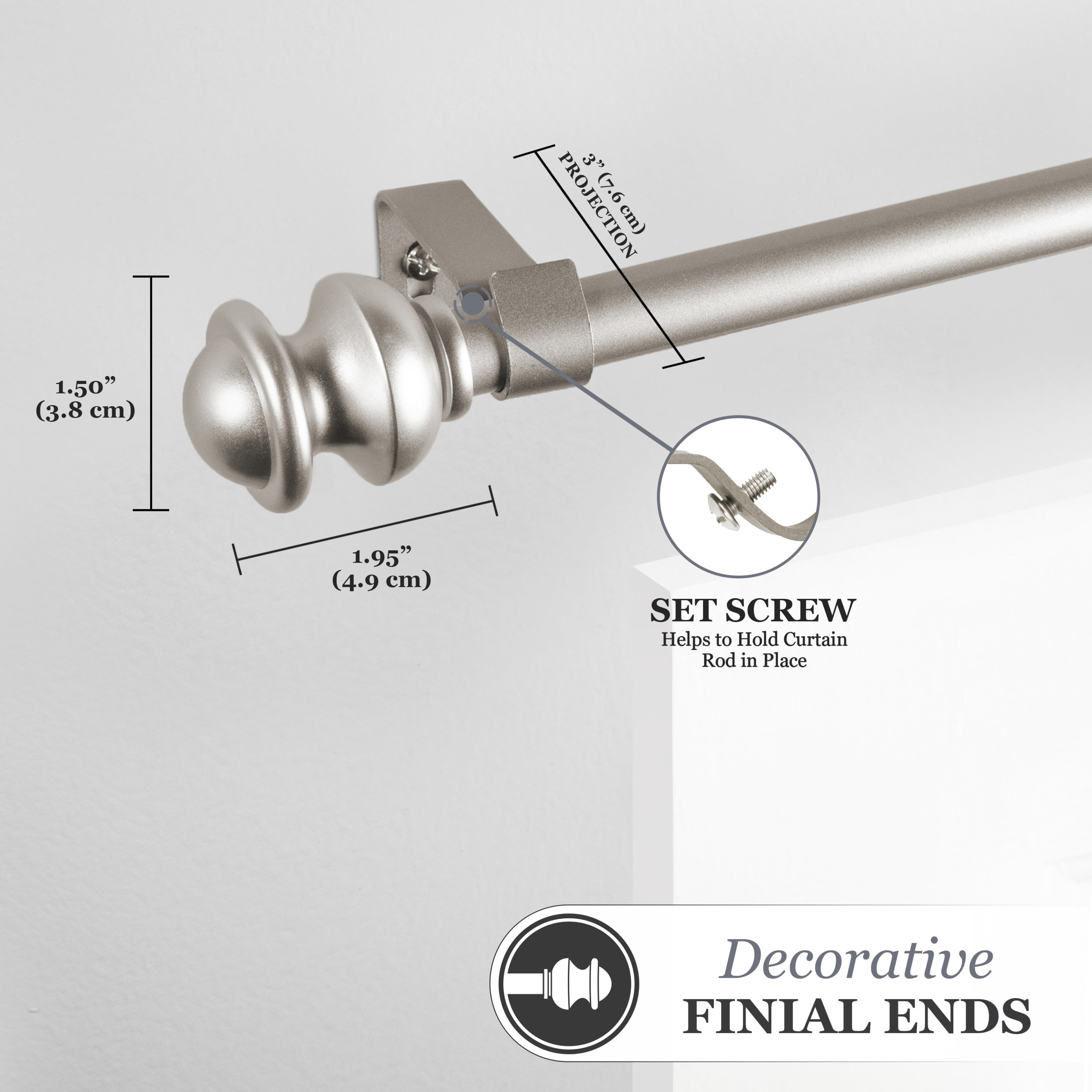 Kenney® Kendall 5/8" Standard Decorative Window Curtain Rod, 28-48", Brushed Nickel