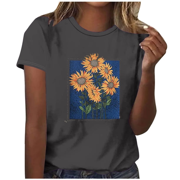 Tops Cortos para las Mujeres Blusas Impresas Manga Corta Cuello Redondo, Tops de Blusa para las Mujeres Primavera Verano Casual
