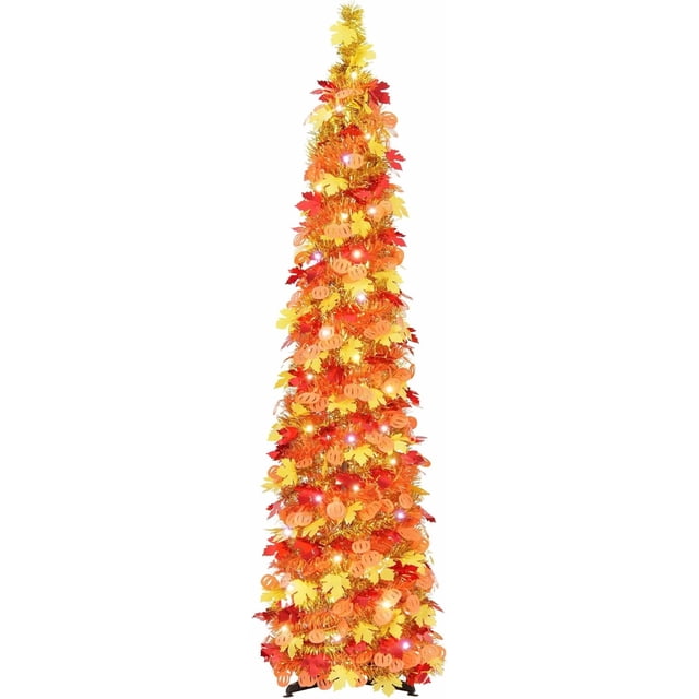 Fall Tree Home Decor Pop Up Tree with Lights & Timer & Modes Collapsible Tinsel Pencil Tree for Autumn Harvest Porch Thanksgiving Party Decorations Maple Leaves