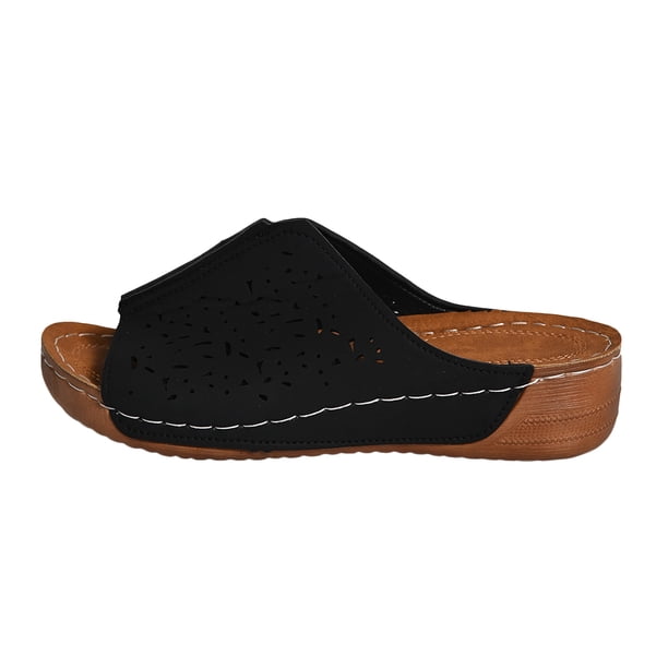 Bmisegm Ladies Summer Retro Solid Colour Leather Hollow Breathable Slope with Thick Bottom Large Size Fish Mouth Sandals Slippers Womens Sandals Summer Black 8