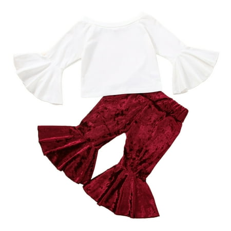 

Baby Girls Cotton Solid Autumn Long Sleeve Pants Ruffle Shirt Bell Bottom Set Clothes