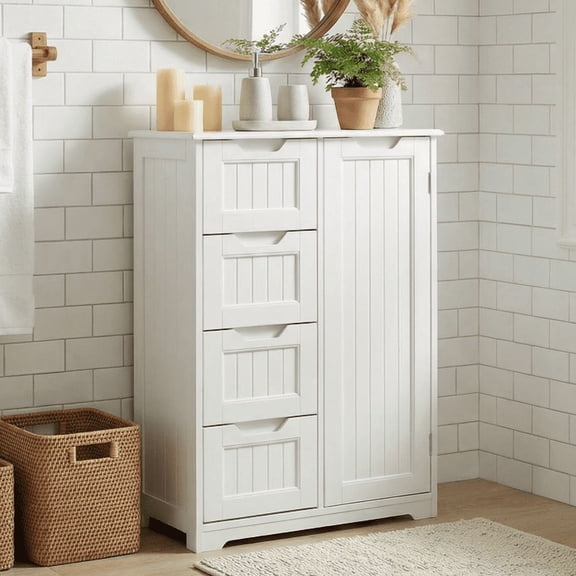 Aiho 33.5 "H Wooden Bathroom Storage Cabinet with 4 Drawers, a Cupboard and Adjustable Dividers for Bathroom,Living room,and Bedroom - White