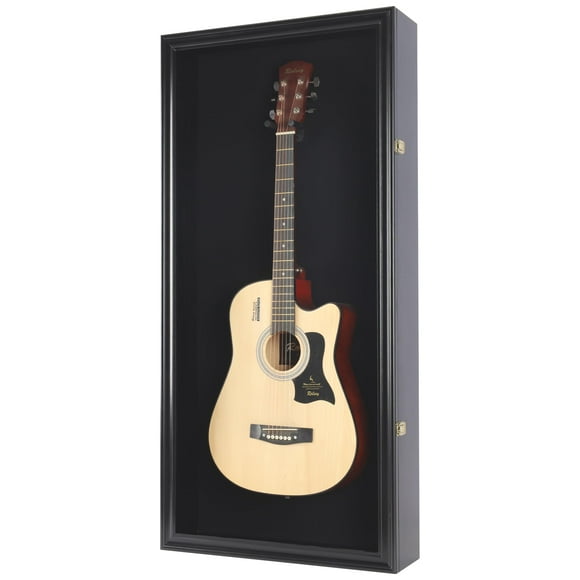 DisplayGifts 42" Acoustic Guitar Solid Wood Frame Display Case Shadow Box Lockable Wall Mountable Cabinet Black Felt Black Finish