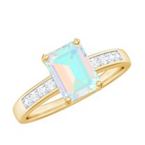 Rosec Jewels Natural Ethiopian Opal Emerald Cut Engagement Ring - 6X8 mm - Opal Diamond Ring - AAA Quality - With Jewelry Box, 10K Yellow Gold, US 9.50