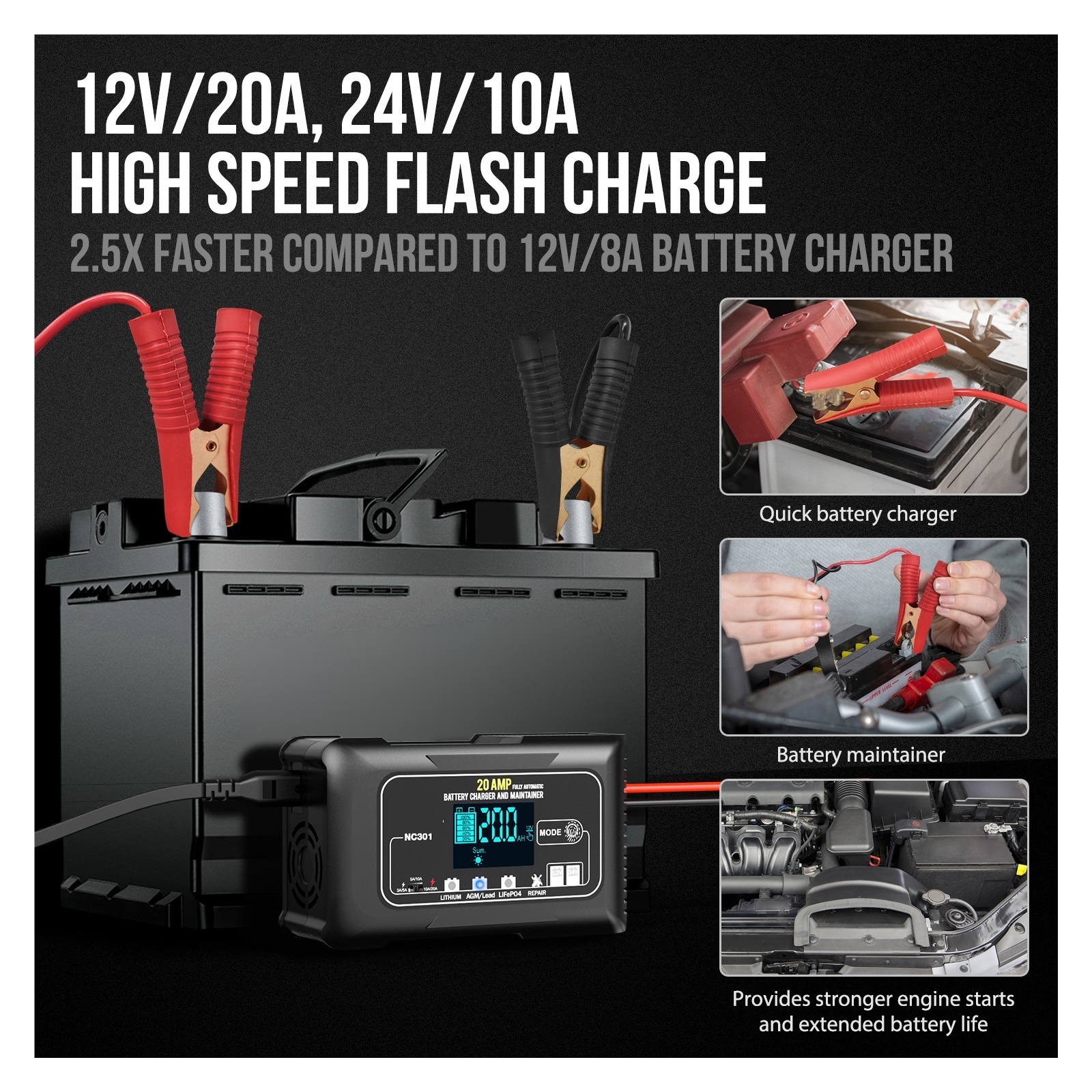20A Car Battery Charger 12V And 24V Smart Fully Automatic Battery Charger For Car Truck Boat Lead Acid Lithium Batteries ,Instant Roadside Rescue