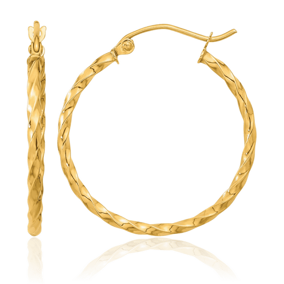 10K Solid Yellow Gold Twisted Round Medium Hoop Earrings
