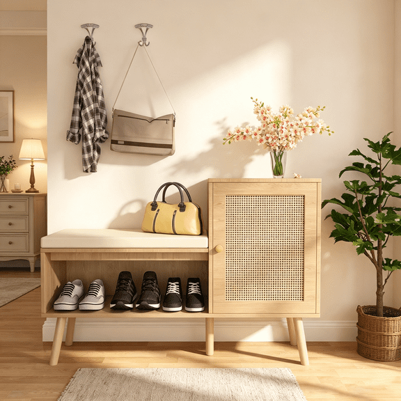 WRXELAN Mid-Century Modern Entryway Bench with Storage Cabinet, Artificial Rattan Door, Soft Cushion, and Solid Wood Legs, Shoe Organizer for Hallway, 39.37'' L x 11.81'' W x 27.56'' H