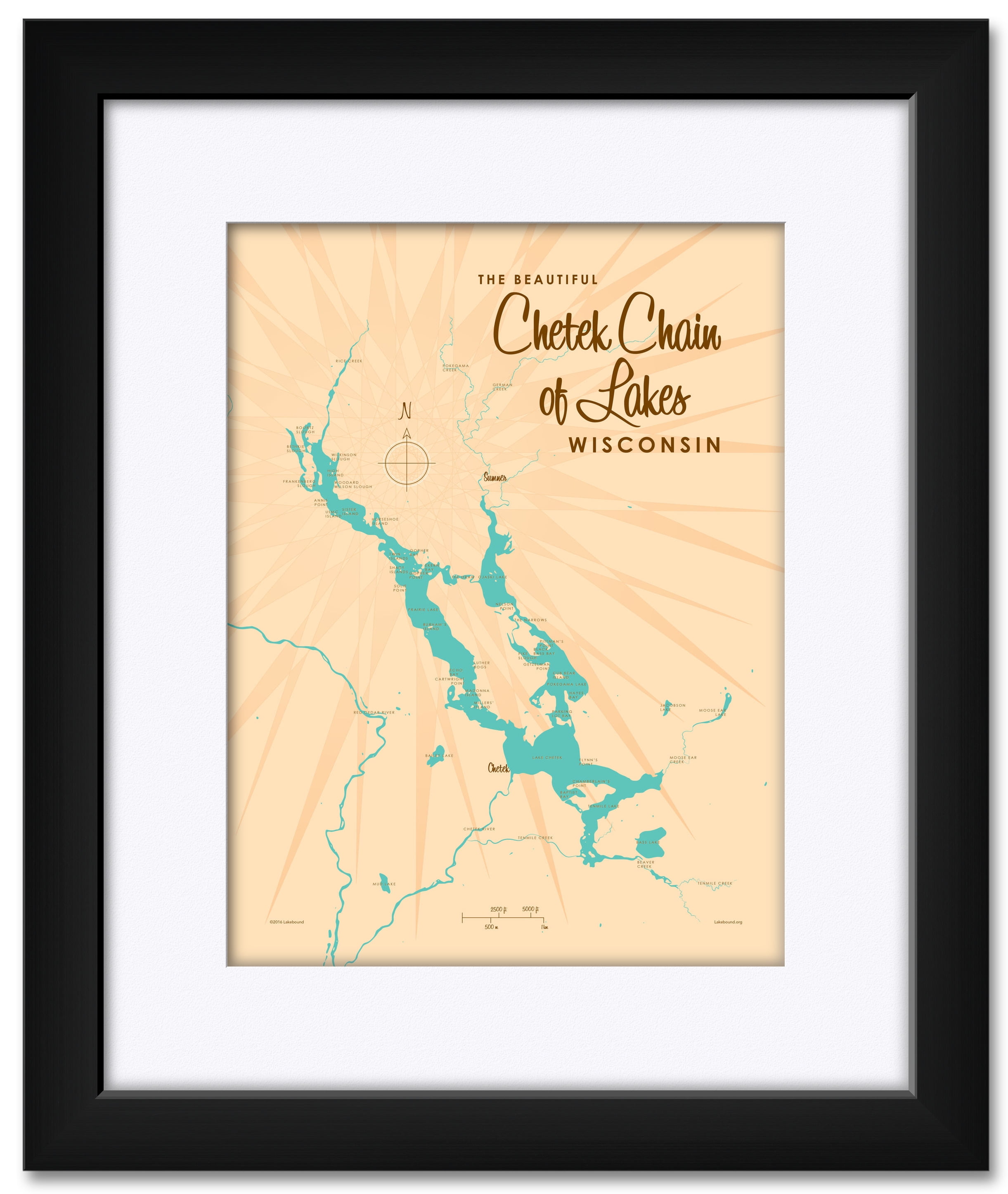 Chetek Chain of Lakes Wisconsin Map Framed & Matted Art Print by