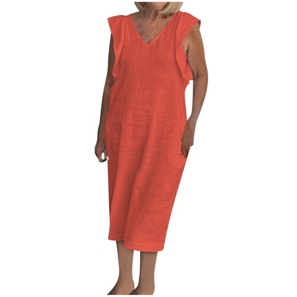 Vestido de Verano para las Mujeres sin Mangas Cuello en V con Mangas Voladoras, Color Sólido Y Vestido Sexy Fluido para las Mujeres