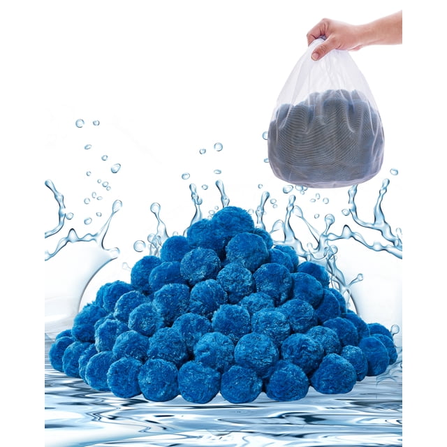 VEVOR Pool Filter Balls for Sand Filter Pump Swimming Pool, reusable blue polyester fiber balls shown in a pile with a cleaning mesh bag held by a hand. Ideal for pool filter media, replacing traditional sand filters, and compatible with sand, cartridge, and DE filter systems.