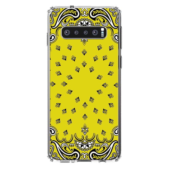 DistinctInk Clear Shockproof Hybrid Case for Samsung Galaxy S10  PLUS(6.4" Screen) - TPU Bumper, Acrylic Back, Tempered Glass Screen Protector - Bandana Print - Yellow,Black, White