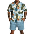 thumbnail image 2 of Sewkxo Men's Hawaii 2 Piece Outfit Short Sleeve Lapel Collared Buttons Hawaii Shirt Drawstring Beach Shorts Tropical Beach Casual Outfit with Pockets,Light Blue S, 2 of 6