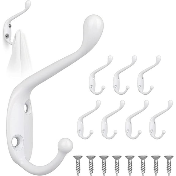 Prong Wall Mounted Hooks, 8Pcs Vintage Hooks for Coats, White Double Door Hooks with 16Pcs Screws, Metal Bathroom Hanger Hooks Clothes Hooks for Towel Hat Keys Bag Kitchen Bathroom Bedroom