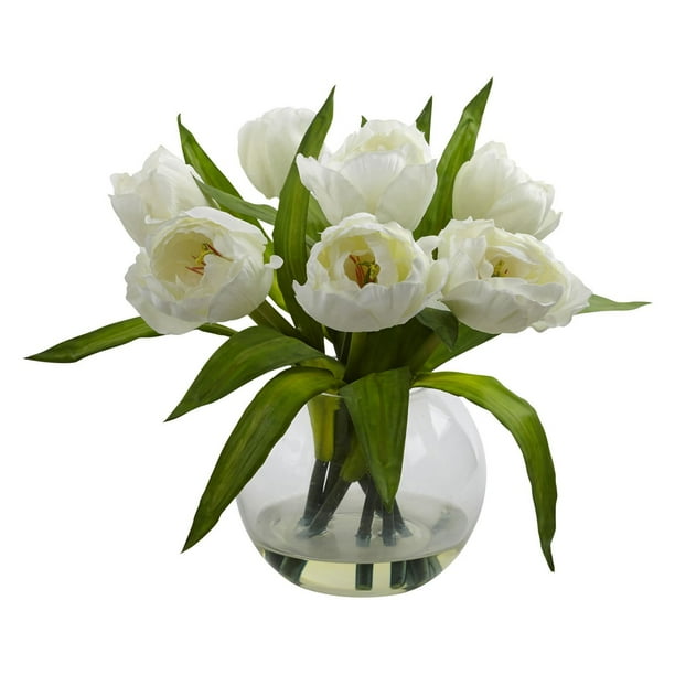 Nearly Natural Tulips Silk Flower with Glass Vase