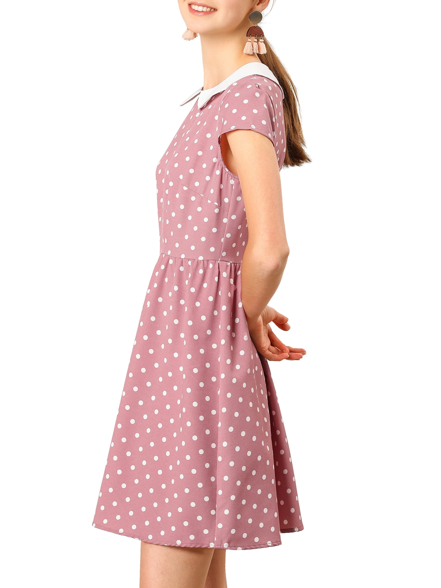 DARING DIVA Polka Dots Peter Pan Collar Above Knee Dress M Pink
