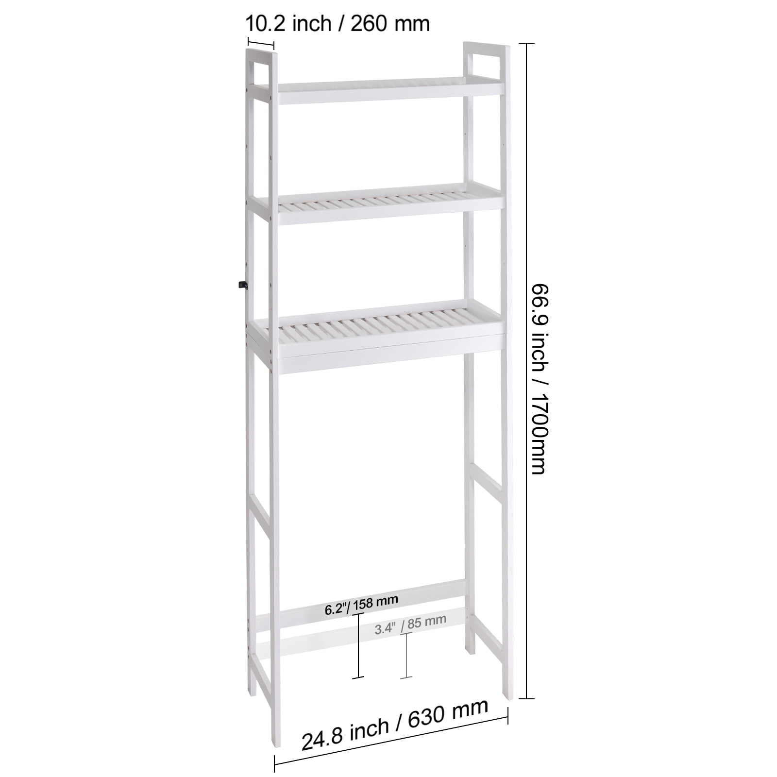 KFFKFF Bathroom Storage Above Toilet, 3-Level Adjustable Bamboo Organizer, Shelf Rack with Trio Hooks, Independent Assembly for Laundry Room Saving Space, Compatible with Various Toilets, White