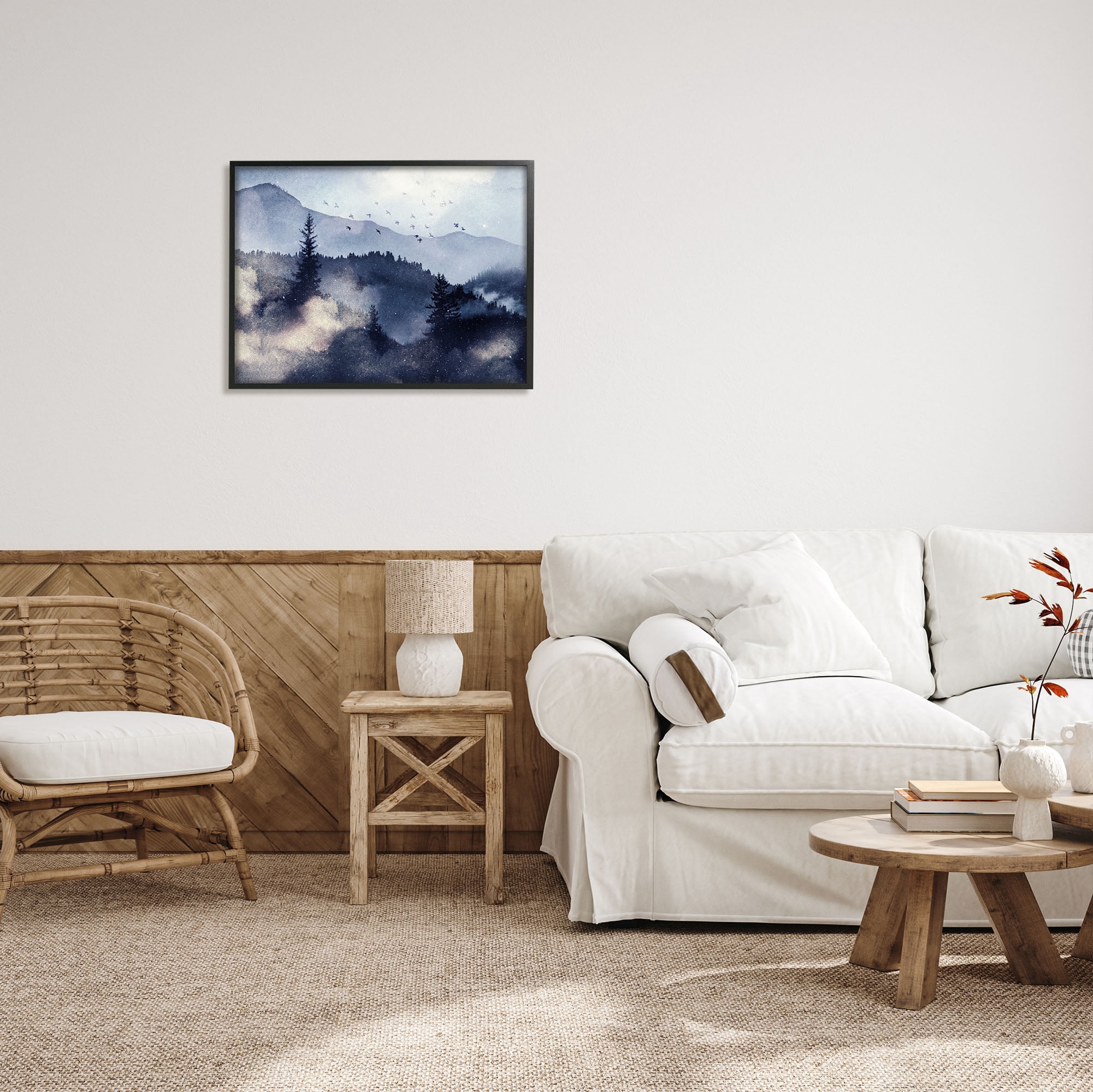 Stupell Industries Mountain Landscape Watercolor Nature Painting Black Framed Art Print Wall Art, 30 x 24