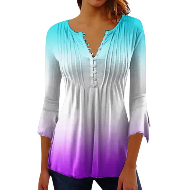 Mode Femme Dégradé - Boutonné Mi-Manches Ample Demi-Chemise Cardigan Chemise
