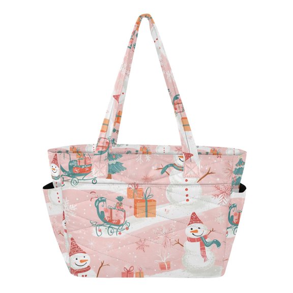 FORMRS Tote Bag for Women Quilted Large Capacity Travel Work Carry On Shoulder Handbag, Pink Christmas Snowman