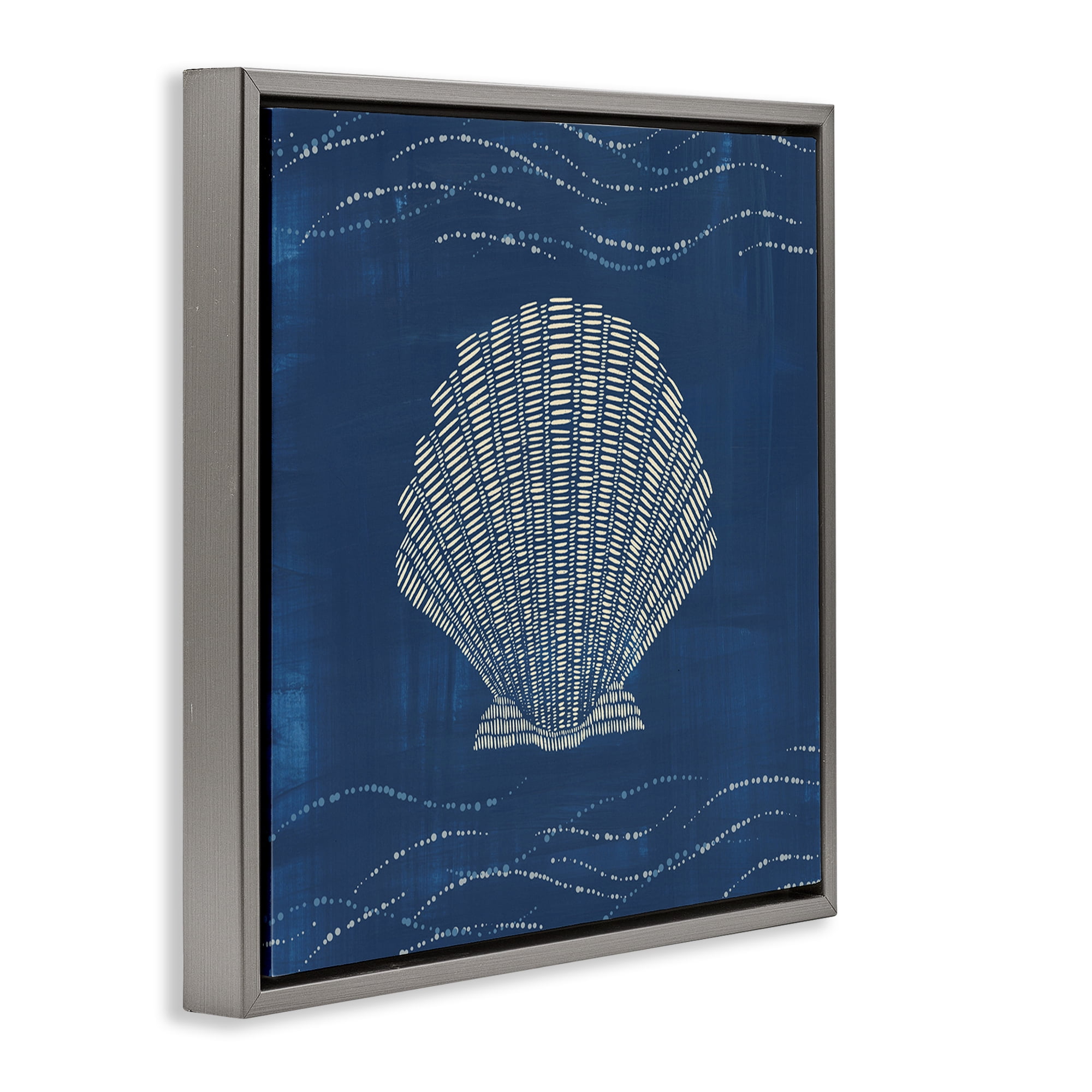 Stupell Industries Clam Shell on Blue Coastal Painting Gray Floater Framed Canvas Art Print Wall Art, 25 x 25