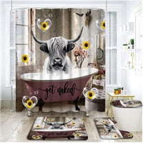 4 Piece Highland Cow Shower Curtain Sets with Rugs, Toilet Lid Cover ,Farmhouse Animals Cottle with Sunflower Pink Bubbles in Bathtub Funny Get Naked Antique Bathroom Shower Curtain with 12 Hooks