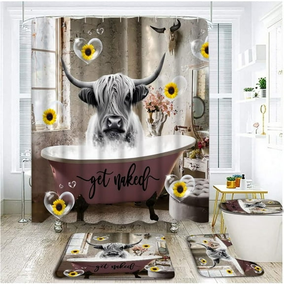 4 Piece Highland Cow Shower Curtain Sets with Rugs, Toilet Lid Cover ,Farmhouse Animals Cottle with Sunflower Pink Bubbles in Bathtub Funny Get Naked Antique Bathroom Shower Curtain with 12 Hooks