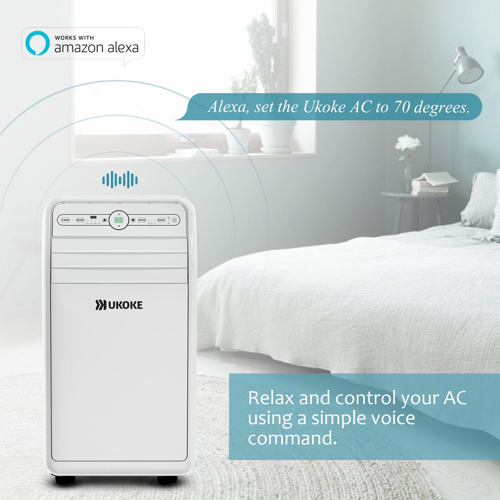 Ukoke USPC01W 11500 BTU Portable Air Conditioner, 4-in-1 AC Unit with Heat, Cool, Dehumidifier and Fan, Smart Room Cooler for 400 Sq. Ft, White.