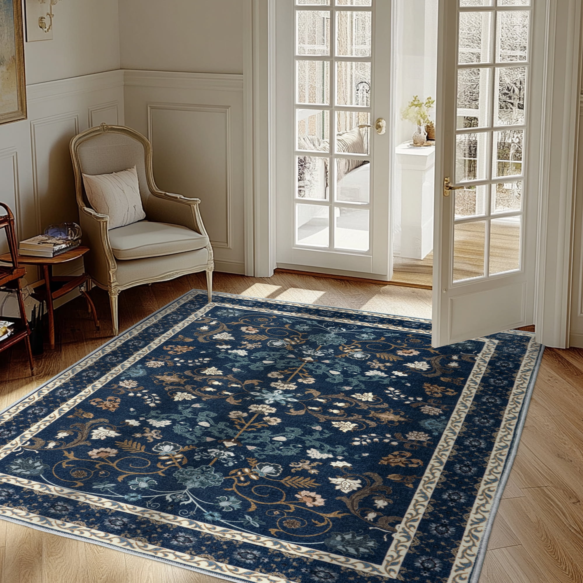 ZENELESS Washable Area Rug,4x6 Non-Slip Foldable Ultra-Thin Soft Carpet for Living Room Bedroom Bathroom Kitchen Entryway Office,Dark Blue