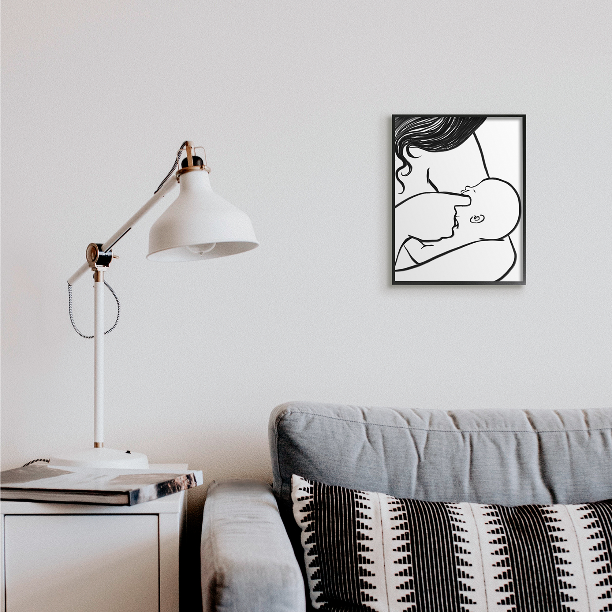 Stupell Industries Mother Nursing Child Portrait Minimal Black White Novelty Painting Black Framed Art Print Wall Art, 11 x 14