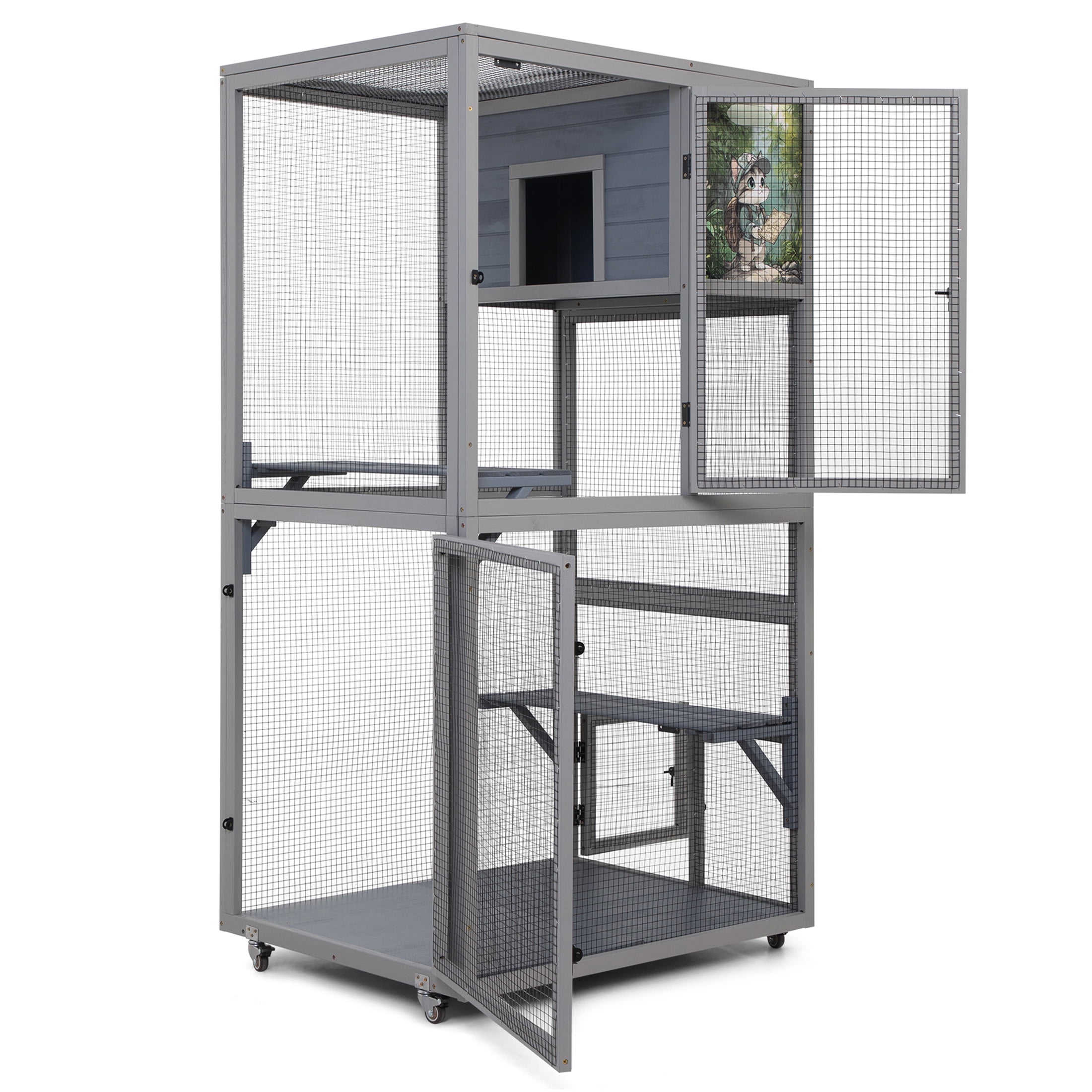 JERFIT 66" Large Outdoor Catio Enclosure with Wheels, 2 Platforms & Sleeping Condo, Portable Cat Cage Patio House for Indoor & Outdoor Use, Gray