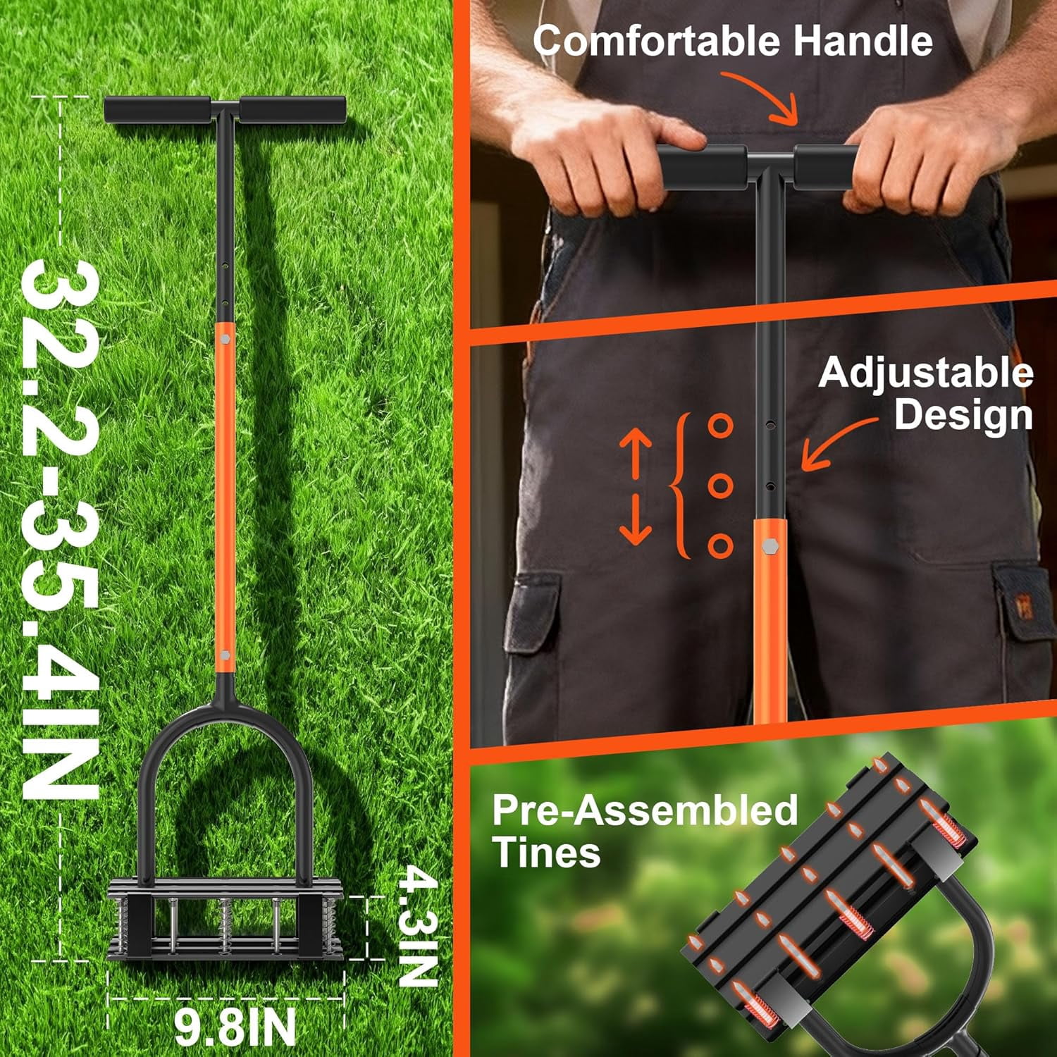 Aerator Lawn Tool - 2-in-1 Reinforced Heavy Duty Manual Lawn Aerator with 15 Spikes, Automatic Dirt and Leaf Clean Design, Adjustable T-Handle (Orange)