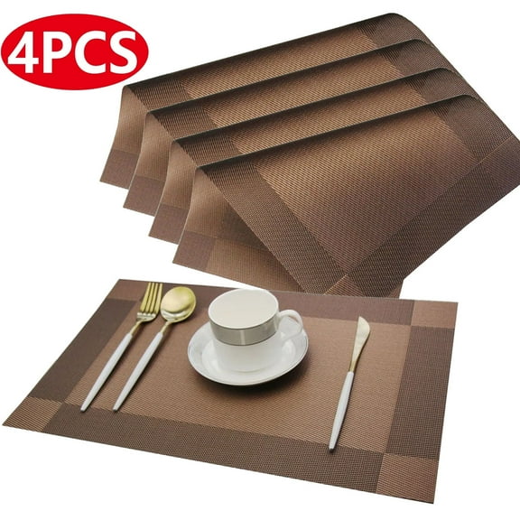 Emlimny 4Pcs Washable Placemats, Easy to Clean PVC Placemat for Kitchen Table Heat-resistant Woven Vinyl Table Mats 12x18 inches (Brown)