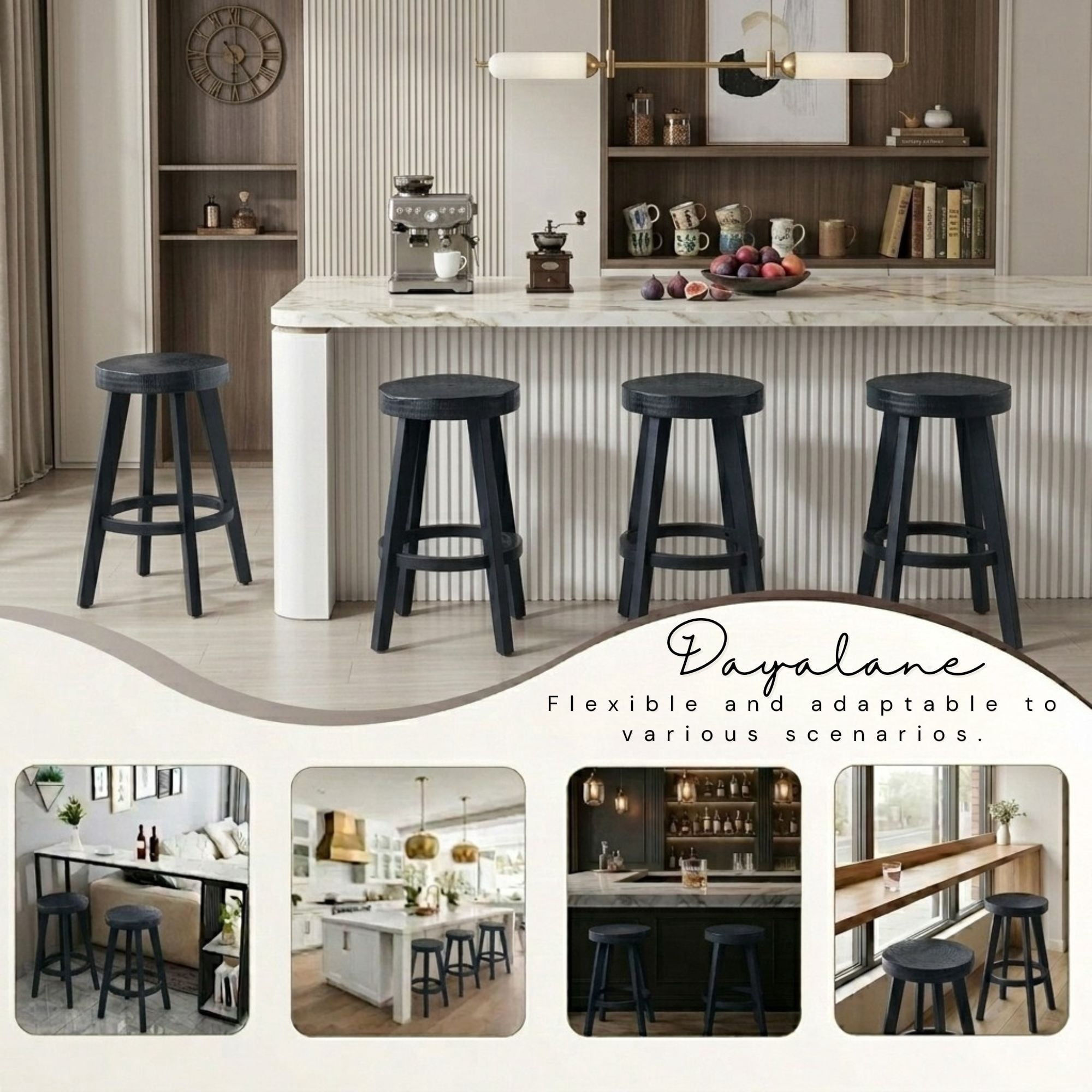 Dayalane 24" Backless Bar Stools Set of 4, Rustic Farmhouse Counter Height Stool with Live Edge Tree Ring Seat, Wooden Barstools for Kitchen Island Bistro Bar and Home Dining，Black