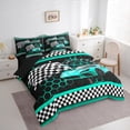thumbnail image 4 of Manfei Cyan Racing Car 7 Pieces Bedding Comforter Set for Boys, Modern Checkered Flag Full Bedding Set, Fashion Honeycomb Reversible Fitted Sheet Flat Sheet, Microfiber Bedroom Decor, 4 of 8