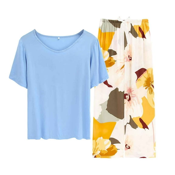 RMGVDSD Plus Size Pajamas for Women Comfy Pajamas Set 2 Piece Outfits Short Sleeve T Shirts And Printed Wide Leg Pants Sleepwear Sets Comfy Jammies Dailywear