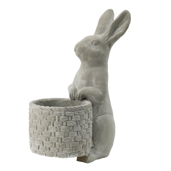 A&B Home Attentive Standing Gray Rabbit with Basket Weave Accent Outdoor Planter
