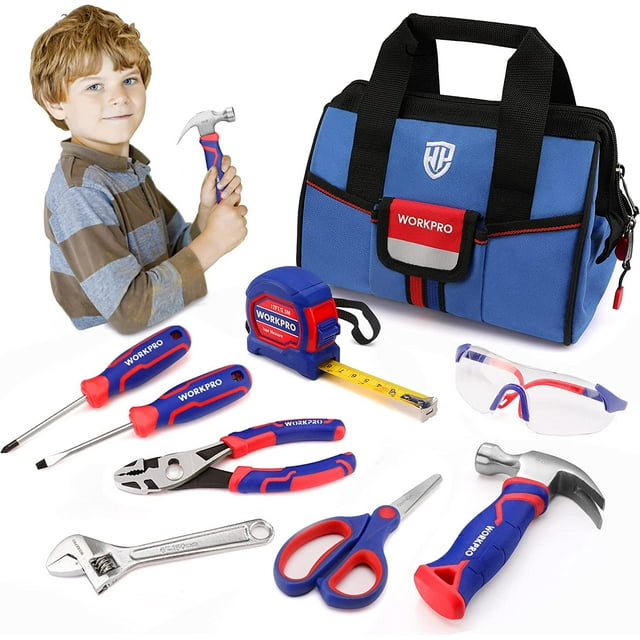 Ensemble d'Outils à Main pour Enfants 9 Pcs, Kit d'Outils Junior Bleu avec Sac de Rangement pour Garçons, Filles, Enfants Bricolage Construction et Menuiserie, 8 Ans et Plus (Bleu)