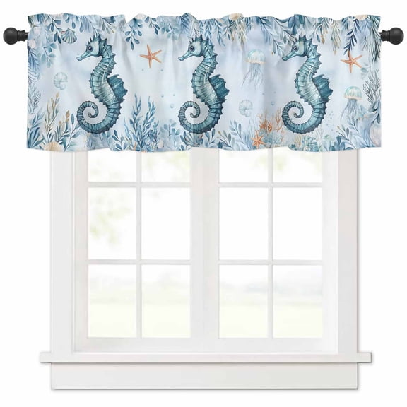 nqOlkjepod Seahorse Coastal Farmhouse Short Window Curtain Valances, Blue Eucalyptus Botanical Rod Pocket Kitchen Valances for Living Room Bedroom Bathroom Cafe, 1 Panel - 42" x 12"