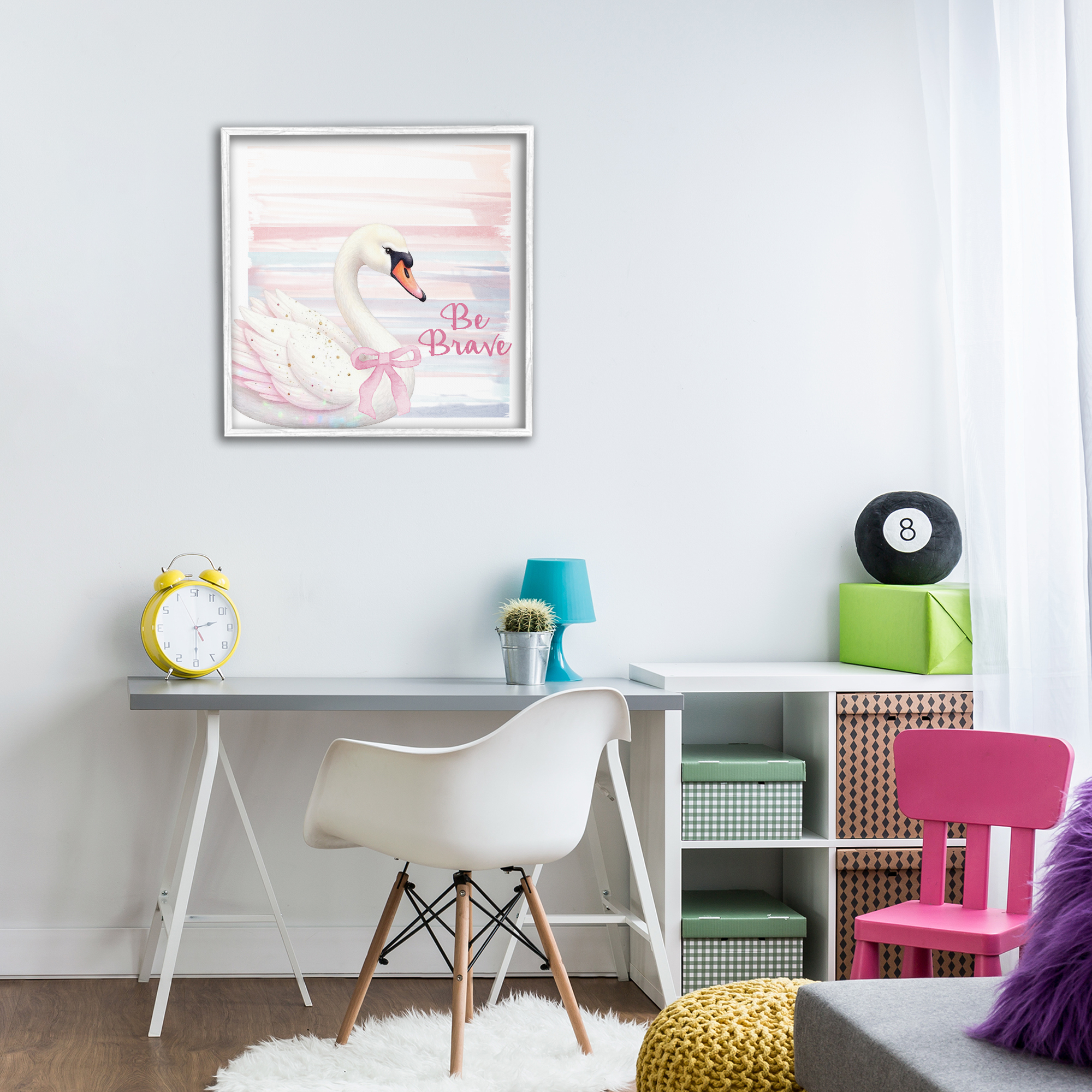 Be Brave Pastel Swan White Framed Giclee Art, design by Kim Allen