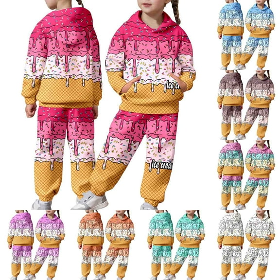 MUXiin Toddler Sweatsuit Set Girl Graphic Print Crew Neck Long Sleeve Warm Hooded Sweatshirt and Jogger Sweatpants Clothing Sport,Blue,8-9 Years