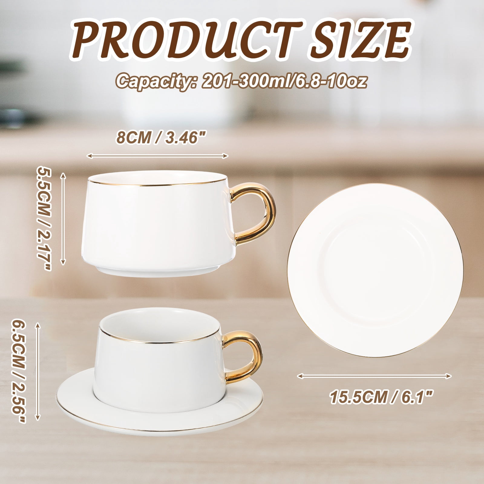 Uxcell 10oz Ceramic Coffee Mugs with Saucer Set, Creative Cute Cup with Handle Unique Irregular Design for Coffee Lovers Gift Tea Espresso Latte Kitchen Cafe Party Dishwasher, White