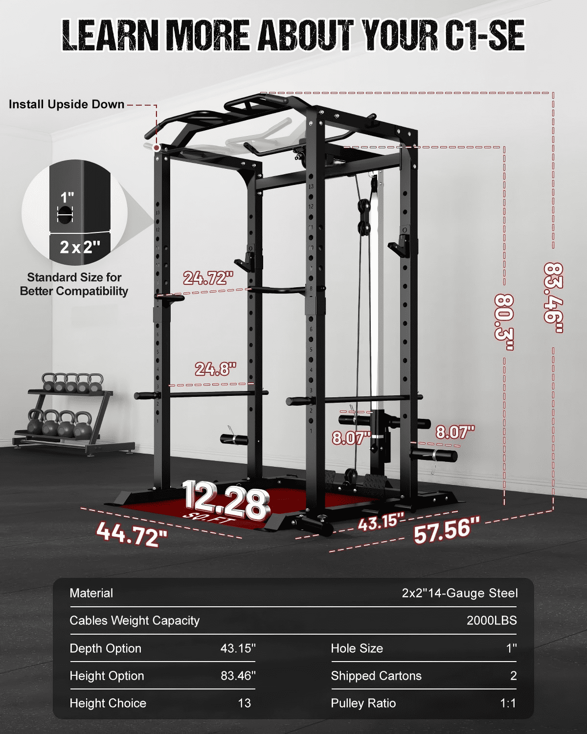 2000LBS Power Cage Squat Rack with LAT Pulldown System, Multi-Function Weight Cage Strength Training Machine, Home Gym Workout Cage with Multiple Attachments for Garage & Home Fitness