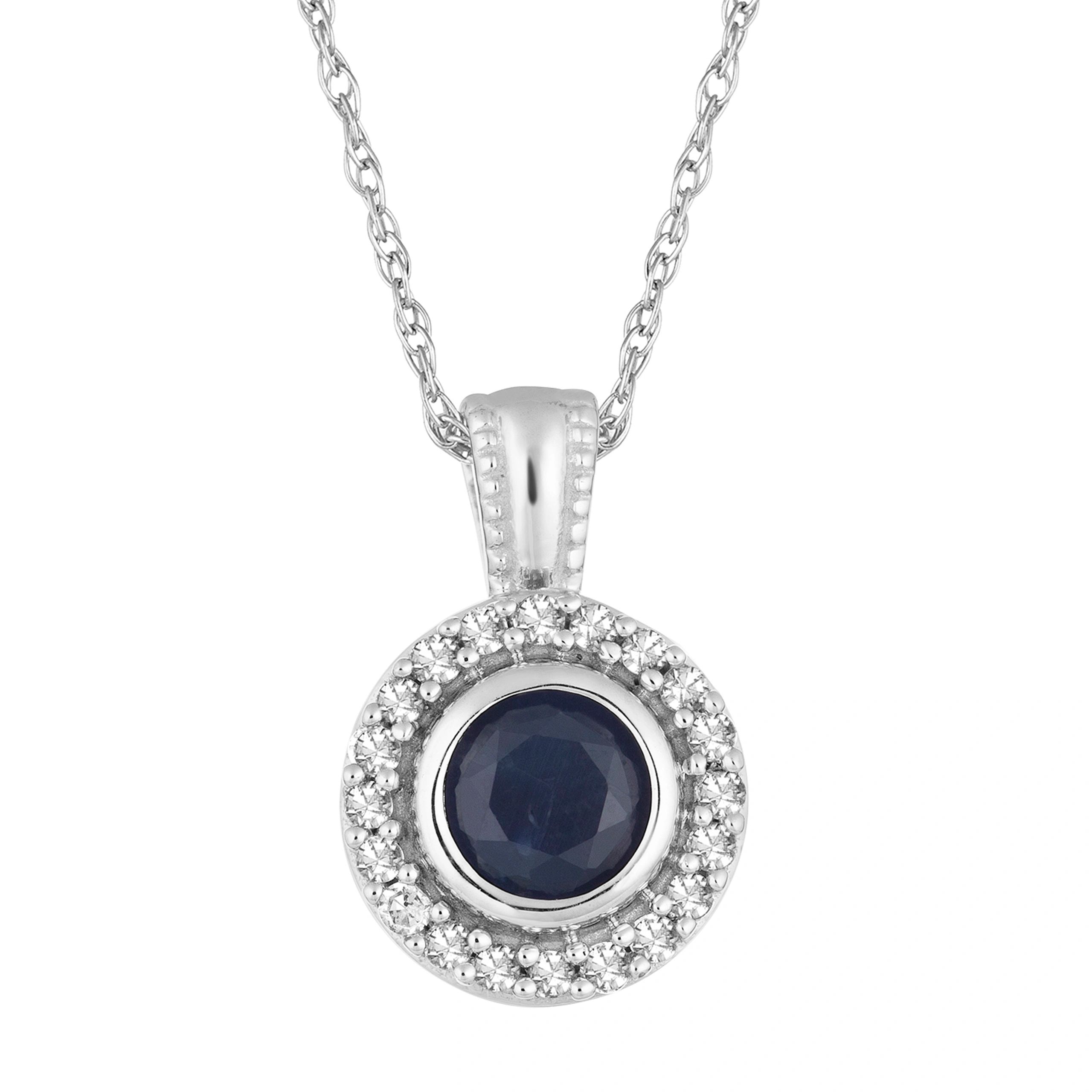 10k White Gold Sapphire & 1/10 Carat T.W. Diamond Halo Pendant Necklace
